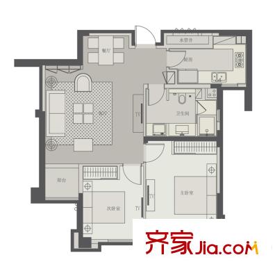 都市羲和一期B幢標準層B戶型 2室2廳1衛(wèi)1廚