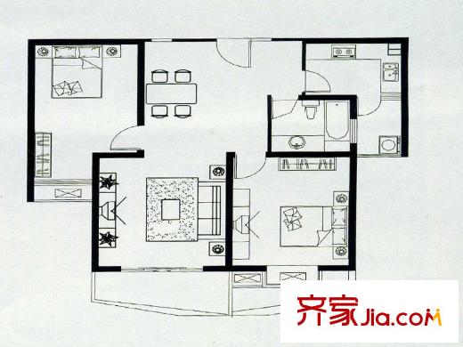 武夷綠洲四期1-10號(hào)樓標(biāo)準(zhǔn)層B6戶型 2室2廳1衛(wèi)1廚