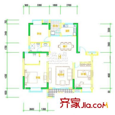 雨山美地一期H戶型圖 3室2廳1衛(wèi)1廚