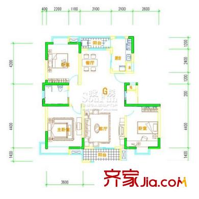 雨山美地二期4、5、6幢標(biāo)準(zhǔn)層G戶型圖 3室2廳2衛(wèi)1廚