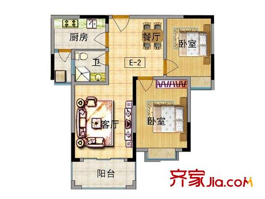 北宸新苑二期7、9、11號(hào)樓標(biāo)準(zhǔn)層D戶型 2室2廳1衛(wèi)1廚