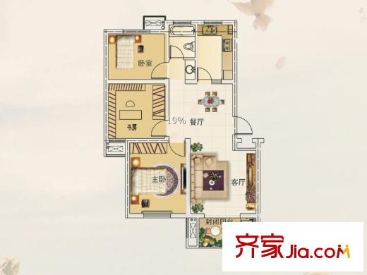 陶然經(jīng)典一期標(biāo)準(zhǔn)層B戶型 3室2廳1衛(wèi)1廚
