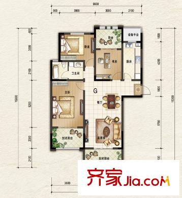 陽光帝景一期08#標(biāo)準(zhǔn)層G戶型 3室2廳1衛(wèi)1廚