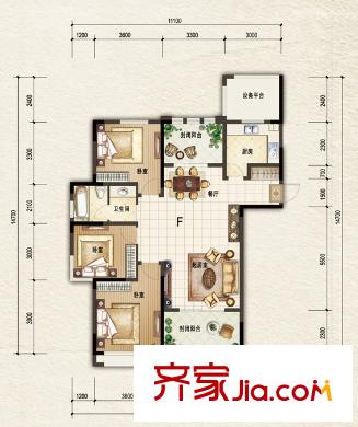 陽光帝景一期5-11#樓標(biāo)準(zhǔn)層F戶型 3室2廳1衛(wèi)1廚