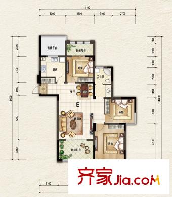 陽光帝景一期1、2、3、5#樓標(biāo)準(zhǔn)層E戶型 3室2廳1衛(wèi)1廚