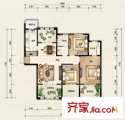 陽光帝景一期08#標(biāo)準(zhǔn)層Ha戶型 3室3廳2衛(wèi)1廚