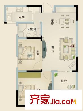 竹山華庭一期1、2號樓標(biāo)準(zhǔn)層A戶型 2室2廳1衛(wèi)1廚
