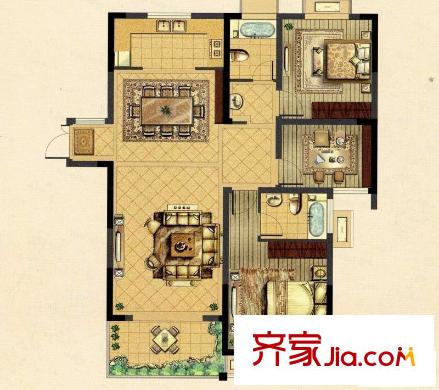 林景御園一期1#2#3#標準層D戶型圖  3室2廳2衛(wèi)1廚
