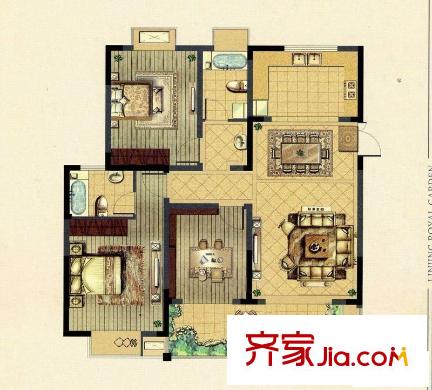 林景御園一期1#2#3#標準層F戶型圖  3室2廳2衛(wèi)1廚