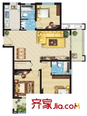 同曦陽光新城一期7#、9#標(biāo)準(zhǔn)層H戶型 3室2廳2衛(wèi)1廚
