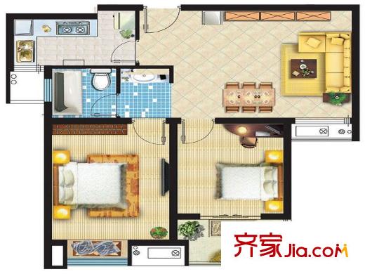 同曦陽光新城一期7#、8#標(biāo)準(zhǔn)層F戶型 2室1廳1衛(wèi)1廚
