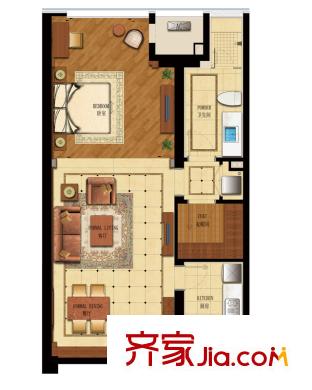 綠城水晶藍灣一期01、03幢標準層B1戶型 1室2廳1衛(wèi)1廚