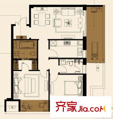 綠城水晶藍(lán)灣一期01、03幢標(biāo)準(zhǔn)層C戶型 2室2廳1衛(wèi)1廚