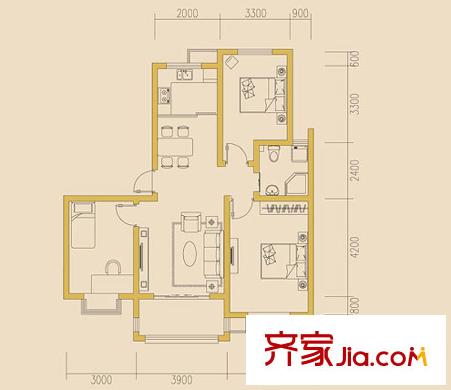 江岸景城一期1-15幢標(biāo)準(zhǔn)層C戶型 3室2廳1衛(wèi)1廚