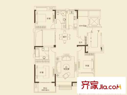 五礦九璽臺二期標準層B戶型 3室2廳2衛(wèi)1廚