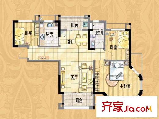 碧桂園歐洲城三期依云小鎮(zhèn)標準層J246戶型圖 3室2廳1衛(wèi)1廚