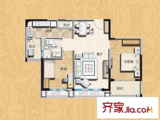 碧桂園歐洲城三期依云小鎮(zhèn)標準層J175B戶型圖 2室2廳1衛(wèi)1廚
