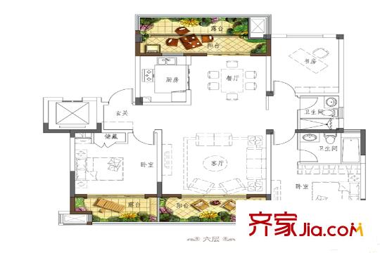 中海御山府二期61-69幢標(biāo)準(zhǔn)層A6戶型 3室2廳2衛(wèi)1廚