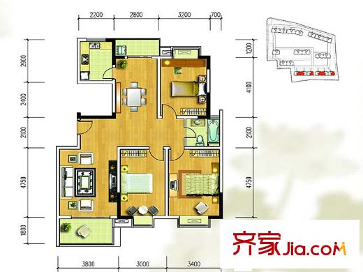 金盛田陽(yáng)光青城一期1#、3#、7#標(biāo)準(zhǔn)層J戶(hù)型 3室2廳1衛(wèi)1廚