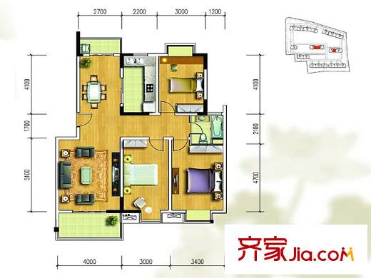 金盛田陽(yáng)光青城一期1#、4#、5#標(biāo)準(zhǔn)層I戶(hù)型 3室2廳1衛(wèi)1廚