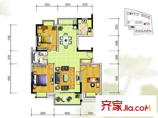 金盛田陽(yáng)光青城一期1#、5#、6#標(biāo)準(zhǔn)層H戶(hù)型 3室2廳1衛(wèi)1廚