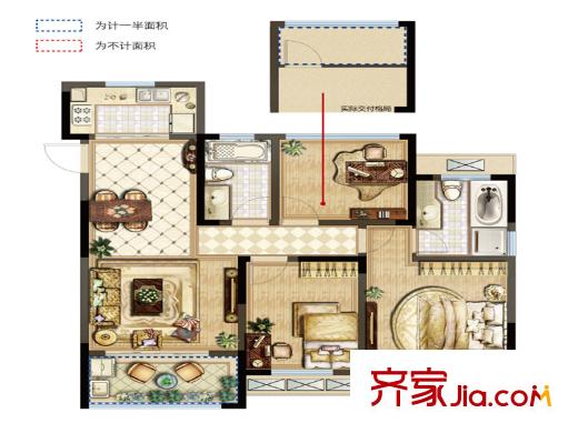 紫金上品苑一期1#2#4#6#標(biāo)準(zhǔn)層B1戶型 3室2廳1衛(wèi)1廚