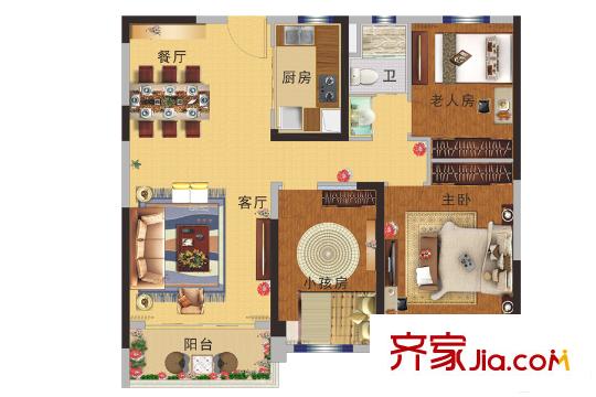 碧桂園城市花園二期海棠苑1號(hào)樓標(biāo)準(zhǔn)層YJ110T-B戶型 3室2廳1衛(wèi)1廚