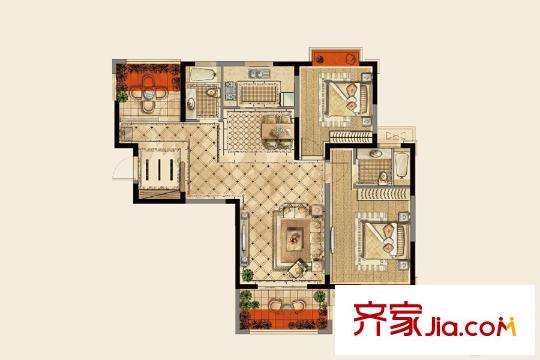 榮鼎幸福城一期1、2、9、10號樓標(biāo)準(zhǔn)層C戶型 3室2廳2衛(wèi)1廚
