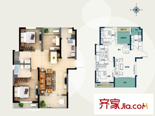 騁望七里楠花園一期3、11號(hào)樓標(biāo)準(zhǔn)層A戶型 3室2廳2衛(wèi)1廚
