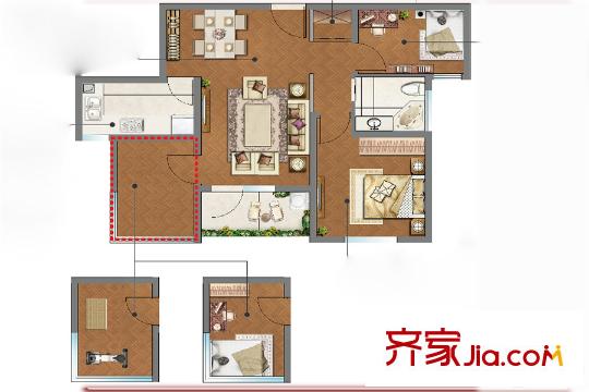 朗詩(shī)未來家一期標(biāo)準(zhǔn)層A戶型 3室2廳1衛(wèi)1廚