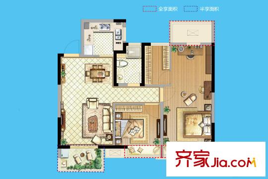 新城花漾紫郡一期1-4#標(biāo)準(zhǔn)層G戶型 2室2廳1衛(wèi)1廚