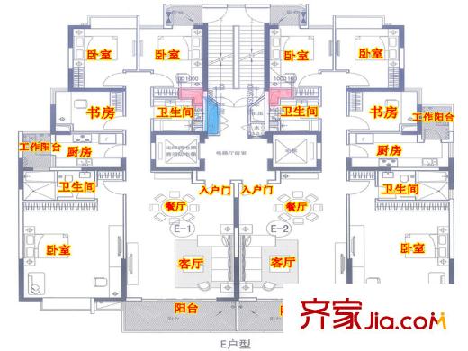 漣城一期E1#、F1#標(biāo)準(zhǔn)層E戶型 4室2廳2衛(wèi)1廚