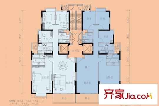 漣城二期E2幢標(biāo)準(zhǔn)層戶型圖 4室2廳2衛(wèi)1廚