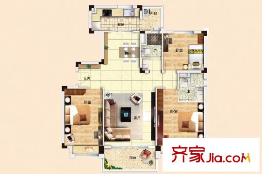 碧桂園鳳凰城芷蘭灣組團15幢YJ2戶型 3室2廳2衛(wèi)1廚