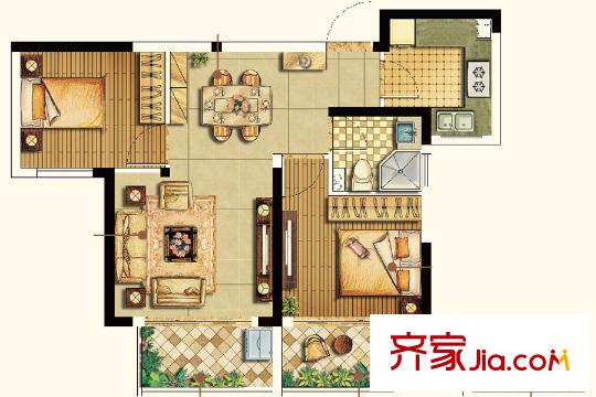 綠地新里悅峰公館A1戶型 2室2廳1衛(wèi)1廚
