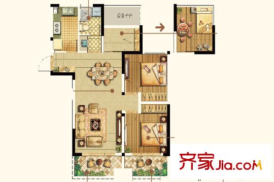 綠地新里悅峰公館B1戶型 3室2廳1衛(wèi)1廚