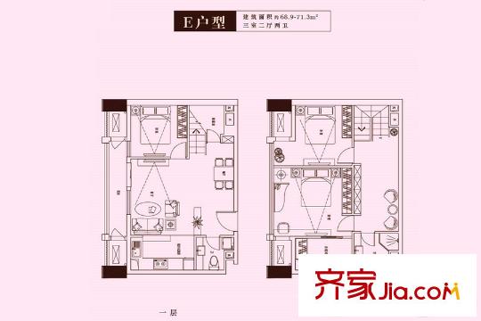 首創(chuàng)立方二期公寓復(fù)式標(biāo)準(zhǔn)層E戶型 3室2廳2衛(wèi)1廚