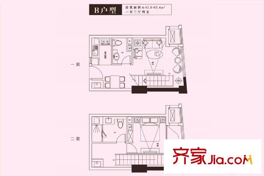 首創(chuàng)立方二期公寓復(fù)式標(biāo)準(zhǔn)層B戶型 1室2廳2衛(wèi)1廚