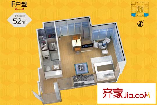 首創(chuàng)立方鉑悅公寓5層-27層標(biāo)準(zhǔn)層F戶型 1室1廳1衛(wèi)1廚