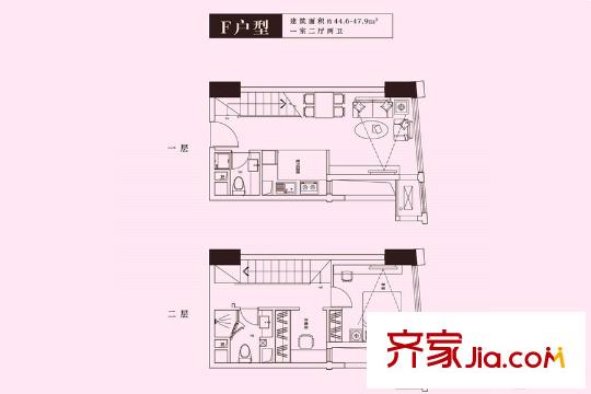 首創(chuàng)立方二期公寓復(fù)式標(biāo)準(zhǔn)層F戶型 1室2廳2衛(wèi)1廚