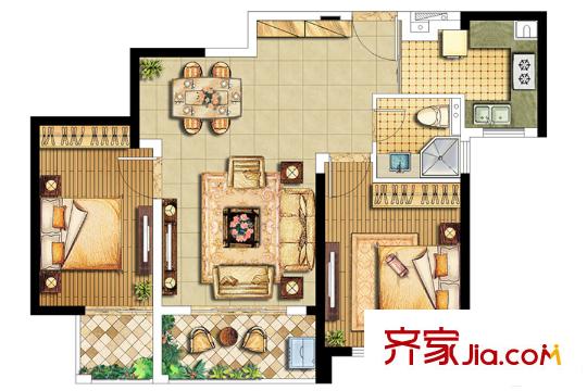 南京綠地國際花都二期1、2、4號(hào)樓標(biāo)準(zhǔn)層B3戶型 2室2廳1衛(wèi)1廚