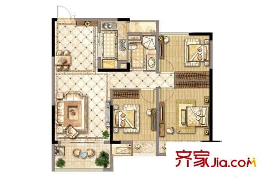 中天銘廷一期標準層B戶型 3室2廳1衛(wèi)1廚