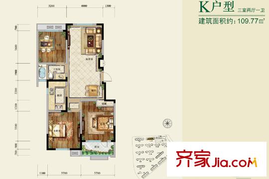 通宇林景熙園一期12#中間戶標(biāo)準(zhǔn)層K戶型 3室2廳1衛(wèi)1廚