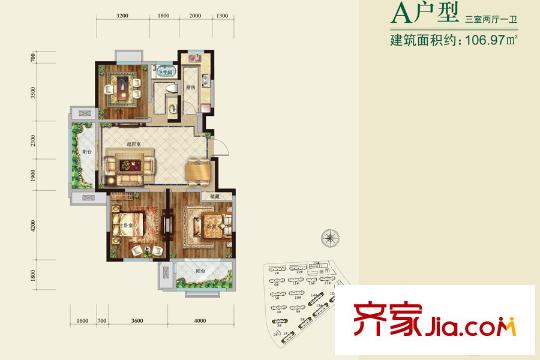 通宇林景熙園一期1#邊戶標(biāo)準(zhǔn)層A戶型 3室2廳1衛(wèi)1廚