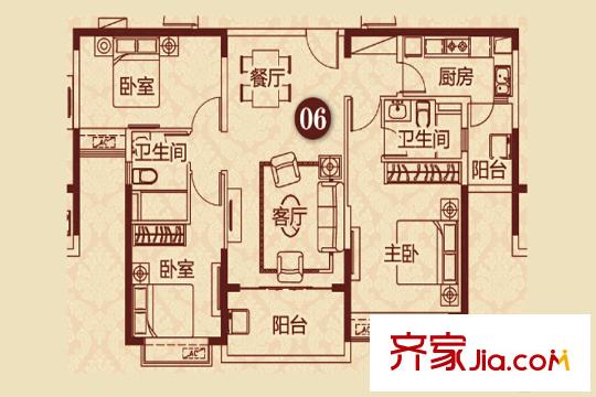 恒大雅苑二期14幢標(biāo)準(zhǔn)層F戶型 3室2廳2衛(wèi)1廚