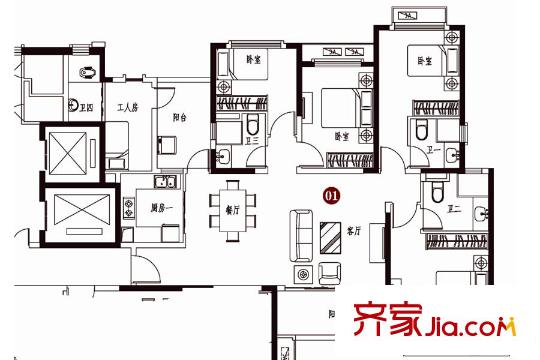 恒大雅苑二期16#標(biāo)準(zhǔn)層A戶型  5室2廳4衛(wèi)1廚