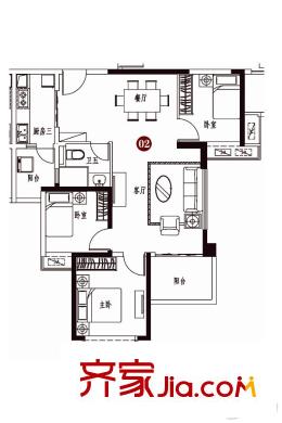 恒大雅苑二期16#標(biāo)準(zhǔn)層B戶型   3室2廳1衛(wèi)1廚