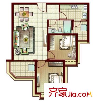 恒大雅苑一期85平戶型圖 2室2廳1衛(wèi)1廚
