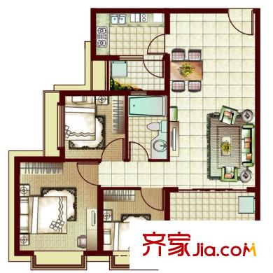 恒大雅苑一期95平戶型圖 3室2廳1衛(wèi)1廚