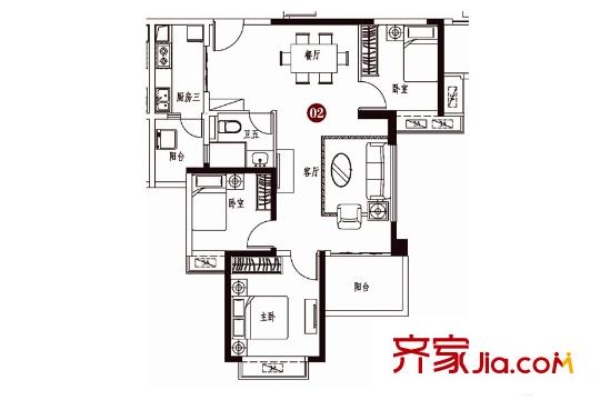 恒大雅苑102.73平B戶型 3室2廳1衛(wèi)1廚